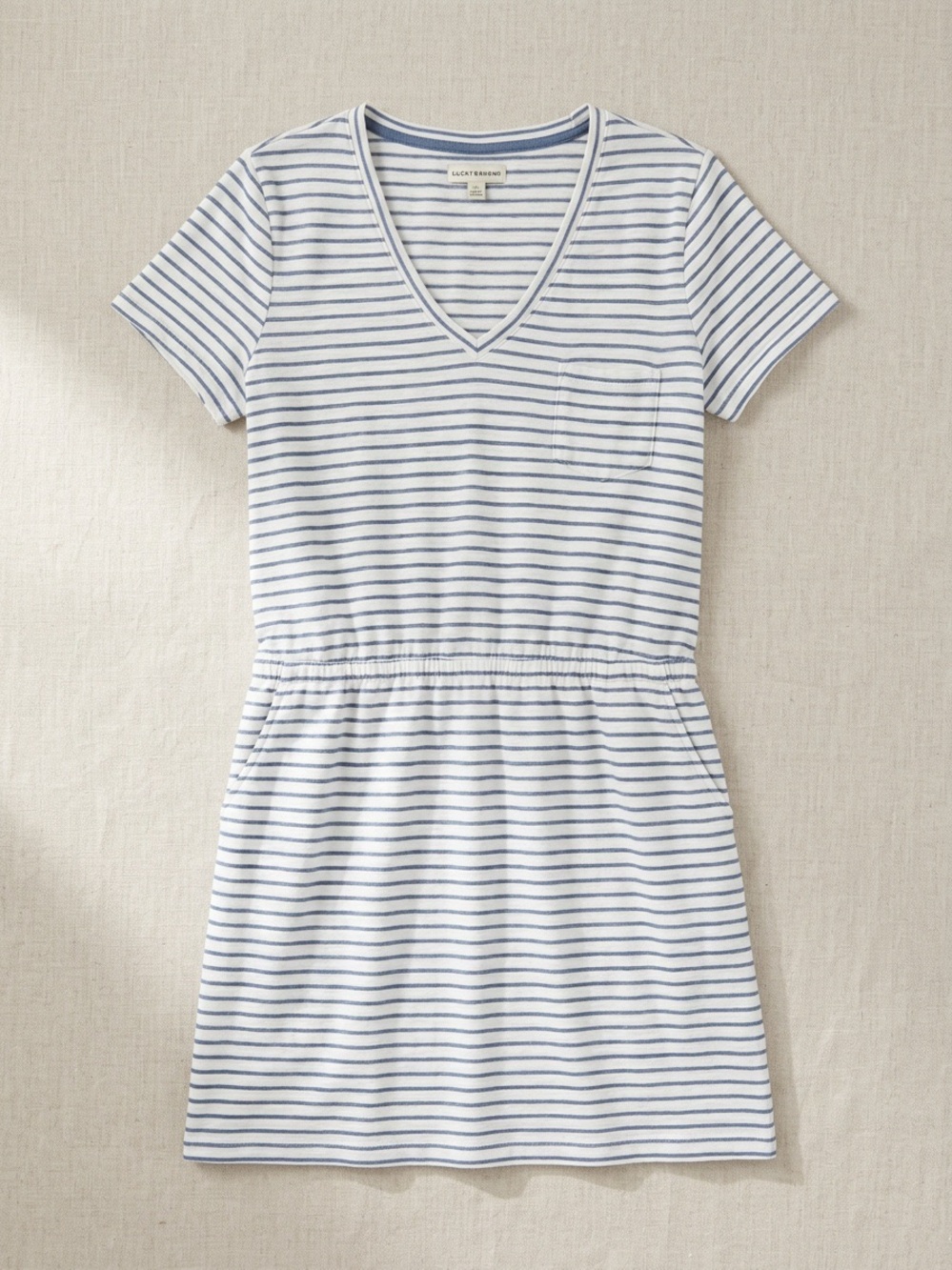 Lou & Grey Striped V-Neck Pocket T-Shirt Dress Elastic Waist Medium Blue White - Picture 1 of 10